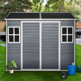 8x6ft Outdoor Resin Garden Shed with Floor and 2 Windows, Plastic Patio Outdoor Storage Shed with Lockable Door for Garden Tools, Bicycles, Trash