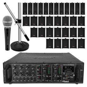 5 Core 4000W PA System Outdoor Indoor Commercial Industrial Grade Paging Kit w/ 32 Wall Speakers 200W+200W (RMS) 2 Zone Amp +1 Stand +1 Microphon