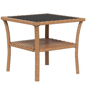 Outsunny Rattan Side Table, Outdoor End Table with Storage Shelf, Aluminum Frame Square, Coffee Table with Tempered Glass Top, Sand