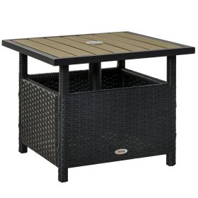 Outsunny 22'' Rattan Wicker Side Table with Steel Frame, Umbrella Insert Hole, Sand Bag for Outdoor, Patio, Garden, Backyard, Black & Tan