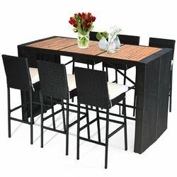 7 Pcs Patio Rattan Wicker wood Table Top Dining Furniture Set