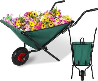 Collapsible Wheelbarrow 176 lbs Folding Yard Garden Wheelbarrow Foldable Lightweight Gardening Heavy Duty Oxford Cloth Green Lawn Cart for Grass,