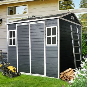 8 x 6ft Resin Outdoor Storage Shed Waterproof Shed with Floor & Two Windows & Lockable Door, Tool Shed for Garden, Patio, Backyard ,Black