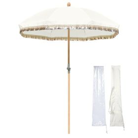 Palm Springs Jazz Era Bohemian Tassel Patio Umbrella with Handbag and Lid Vintage Wood Activity Outdoor Garden Courtyard Deck Wedding Theme Resta