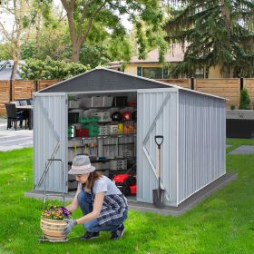 8' x 12' Hinge Outdoor Storage Room, Storage Shed with 2 Doors, Sloping Roof and 6 Pegs, Outside Garden Shed for Tools, Bike, Lawnmower and Garba