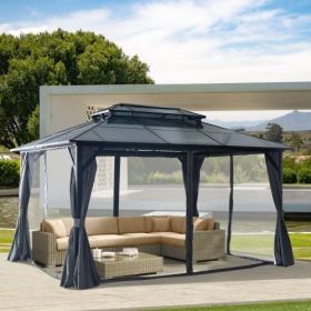 10'x13' Hardtop Gazebo, Outdoor Polycarbonate Double Roof Canopy, Aluminum Frame Permanent Pavilion with Curtains and Netting, Sunshade for Garde