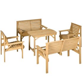 5 Piece Wooden Patio Dining Set for 6, Outdoor Conversation Set with 2 Armchairs, 2 Loveseats, and Dining Table with Umbrella Hole for Backyard