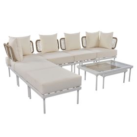 TREXM 8-Piece Patio Sectional Sofa Set with Tempered Glass Coffee Table and Wooden Coffee Table for Outdoor Oasis, Garden