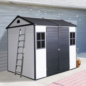 8 x 6 ft Resin Outdoor Storage Shed Waterproof Shed with Floor & Two Windows & Lockable Door, Tool Shed for Garden, Patio, Backyard,Grey White