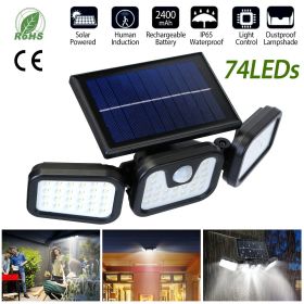 Solar Wall Lamp 74 LEDs 3 Adjustable Head Motion Sensor Flood Light IP65 Waterproof Security Light Outdoor