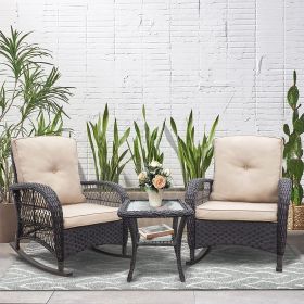 3 Pieces Outdoor Wicker Rocker Patio Bistro Set;  Rocking Glider Chairs with Premium Cushions and Armored Glass Top Side Table;  Elegant Wicker P