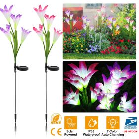 2Pcs Solar Garden Lights Outdoor Lily Flower LED Light 7-Color Changing IP65 Waterproof Pathway Stake Lights Patio Decorative for Garden Patio Yard Wa