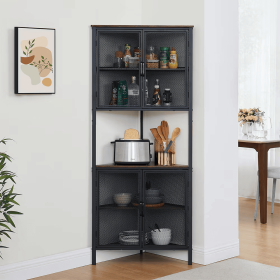 6-Tier Corner Shelf With Storage Cabinet,Bookshelf With Metal Mesh Door,for Living Room (Color: Black)