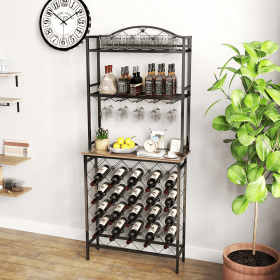 Freestanding Floor Wine Rack, Tall Wine Rack With Wine Glass Holder, Storage Rack, Wooden Metal Stackable Bread Rack, Modern Buffet Cabinet (Option: Brownblack)