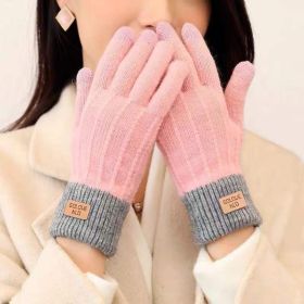 Winter Mittens Brown Striped Embroidered Warm Cycling Spot Universal Cartoon Gloves Ins (Color: Pink)