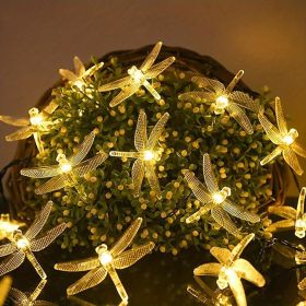 1pc Solar Dragonfly String Lights Waterproof 20 LEDs Dragonfly Fairy Lights Decorative Lighting For Indoor/Outdoor Home Garden Lawn Fence Patio P (Color: Warm White)