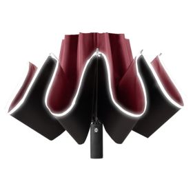 Umbrella Windproof Travel Umbrella Night Reflective Strip 99% Sun Protection Compact Folding Reverse Umbrella (Color: Burgundy)