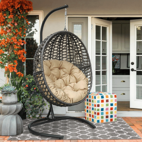 Wicker Basket Swing Chair;  Hanging Egg Chairs with Durable Stand and Waterproof Cushion for Outdoor Patio (Color: Khaki)