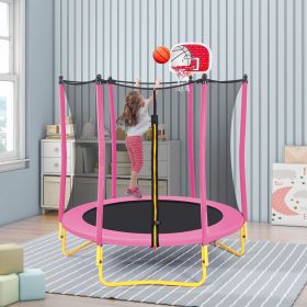 5.5FT Trampoline for Kids - 65" Outdoor & Indoor Mini Toddler Trampoline with Enclosure, Basketball Hoop and Ball Included (Color: as Pic)