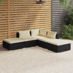 5 Piece Garden Lounge Set with Cushions Poly Rattan Black (Color: Black)