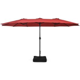 15 Feet Double-Sided Twin Patio Umbrella with Crank and Base (Color: Red)