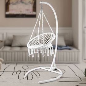 Outdoor Hanging Swing Chair with Stand, Boho Swinging Hammock Chairs with Stand for Bedroom, Patio, Porch, Outdoor and Indoor (Color: White)