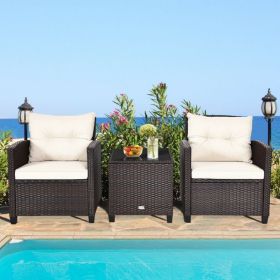 3 Pieces Rattan Patio Furniture Set with Washable Cushion (Color: White)