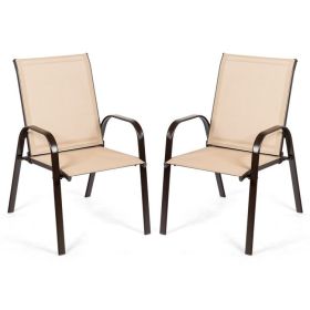 2 Pieces Patio Outdoor Dining Chair with Armrest (Color: Beige)