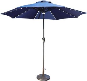 9 Ft Market Outdoor Aluminum Table Umbrella with Solar LED Led lights and Push Button Tilt (Color: Navy Blue)