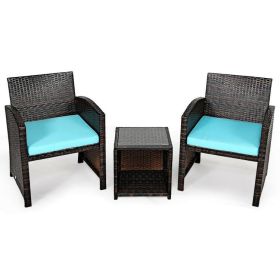 3 Pieces PE Rattan Wicker Furniture Set with Cushion Sofa Coffee Table for Garden (Color: Turquoise)