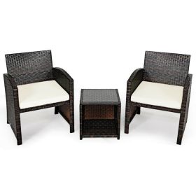 3 Pieces PE Rattan Wicker Furniture Set with Cushion Sofa Coffee Table for Garden (Color: White)