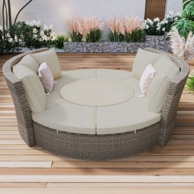 Patio 5-Piece Round Rattan Sectional Sofa Set All-Weather PE Wicker Sunbed Daybed with Round Liftable Table and Washable Cushions for Outdoor Bac (Color: Gray)