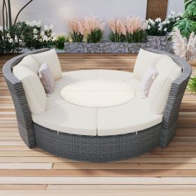 Patio 5-Piece Round Rattan Sectional Sofa Set All-Weather PE Wicker Sunbed Daybed with Round Liftable Table and Washable Cushions for Outdoor Bac (Color: Beige)