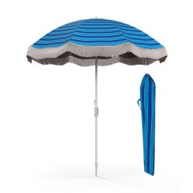 6.5 FT Beach Umbrella with Fringe Outdoor Tassel Umbrella with Push Button Tilt (Color: Navy)