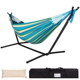 Double Hammock with Space Saving Steel Stand Includes Portable Carrying Case and Head Pillow, 450 Pounds Capacity (Color: Iridescent)