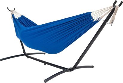 Double Hammock with Space Saving Steel Stand Includes Portable Carrying Case and Head Pillow, 450 Pounds Capacity (Color: Blue)