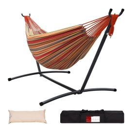 Double Hammock with Space Saving Steel Stand Includes Portable Carrying Case and Head Pillow, 450 Pounds Capacity (Color: Red Rainbow Stripes)