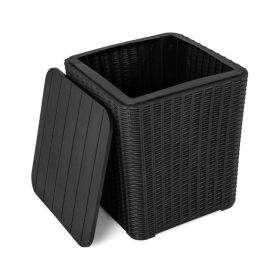 Outdoor Resin Storage Side Table with Removable Lid and Wicker-woven Accent (Color: Black)