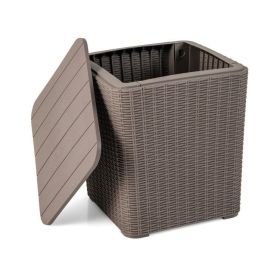 Outdoor Resin Storage Side Table with Removable Lid and Wicker-woven Accent (Color: Coffee)