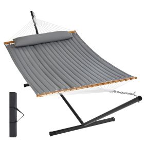 VEVOR Two Person Hammock with Stand Included Heavy Duty 480lb Capacity, Double Hammock with 12 FT Steel Stand and Portable Carrying Bag and Pillo (Type of Support: T Type, Color: Gray)