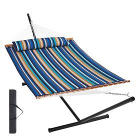 VEVOR Two Person Hammock with Stand Included Heavy Duty 480lb Capacity, Double Hammock with 12 FT Steel Stand and Portable Carrying Bag and Pillo (Type of Support: T Type, Color: Blue-Green Color Scheme)