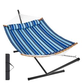 VEVOR Two Person Hammock with Stand Included, Double Hammock with Curved Spreader Bar and Detachable Pillow and Portable Carrying Bag (Type of Support: T Type, Color: Blue & White)