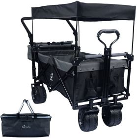 Collapsible Wagon Heavy Duty Folding Wagon Cart with Removable Canopy, 4" Wide Large All Terrain Wheels, Brake, Adjustable Handles (Color: Black)