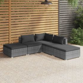 5 Piece Garden Lounge Set with Cushions Poly Rattan Gray (Color: Grey)