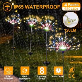 4Pcs Solar Powered Starburst Lights 480 LEDs Firework Lamp Garden Path Decor Lights (Color: Color)