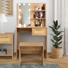 Vanity Desk Set Stool & Dressing Table With LED Lighting Mirror Drawer And Compartments Modern Wood Cosmetic Table Chest Of Drawers Nature Color (Option: Natural Wood)