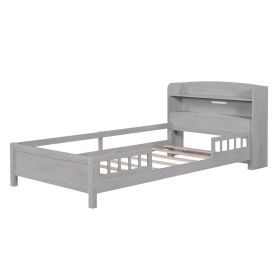 Wooden Double Platform Bed With Built-in LED Lights, Storage Headboard And Guardrails, Antique Grey (Option: Antique gray)